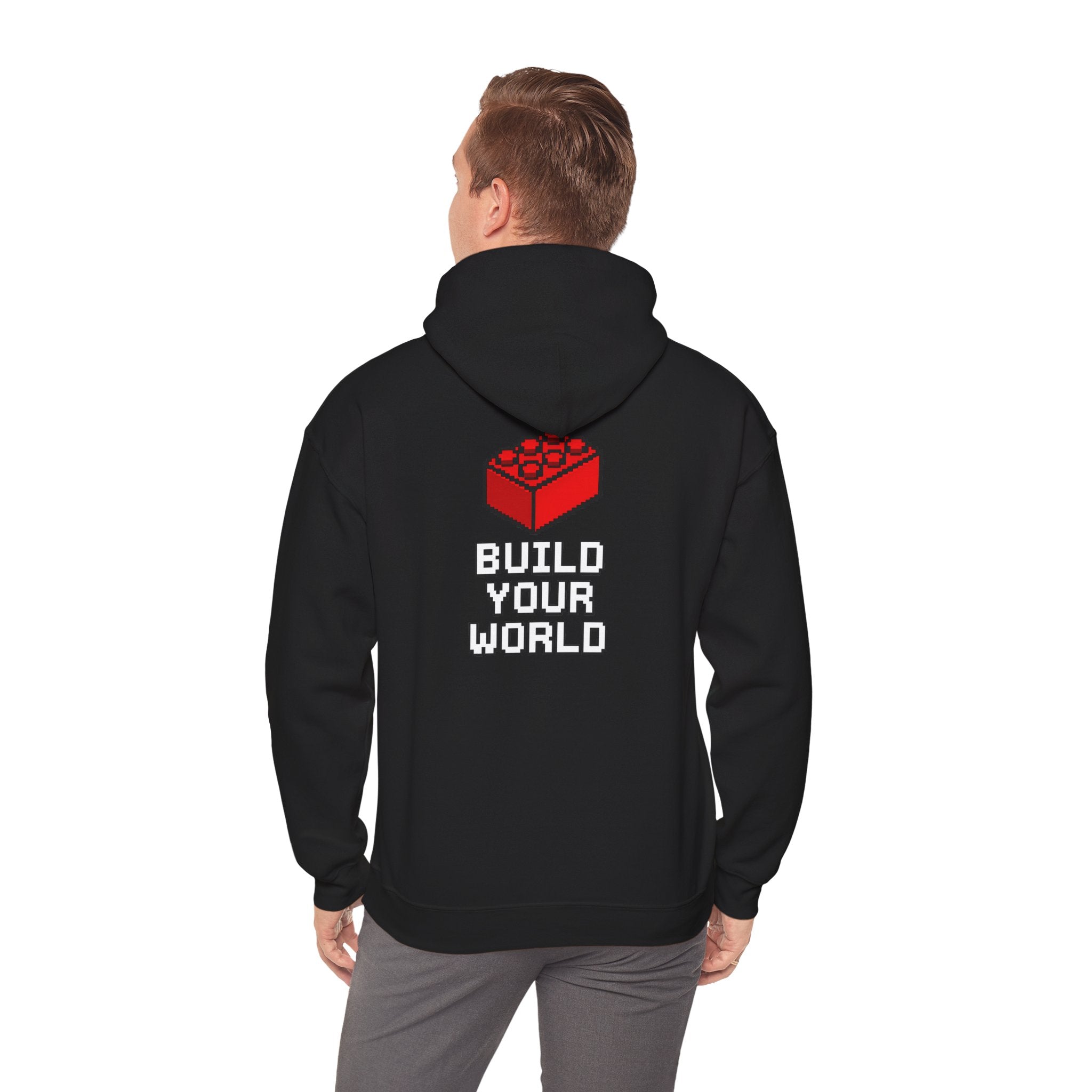 Hoodie — "Build Your World" Pixel Brick Hoodie